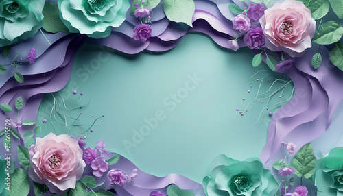 Beautiful Postcart with copy space. Frame of Paper Flowers and green leaves composition. Pastel mint lavender template background photo