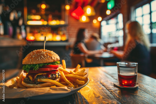 A delicious burger and fries placed on a plate. Perfect for food enthusiasts and restaurant promotions