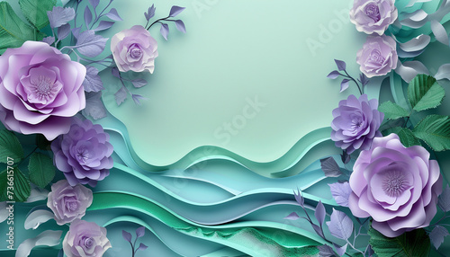 Beautiful Postcart with copy space. Frame of Paper Flowers and green leaves composition. Pastel mint lavender template background