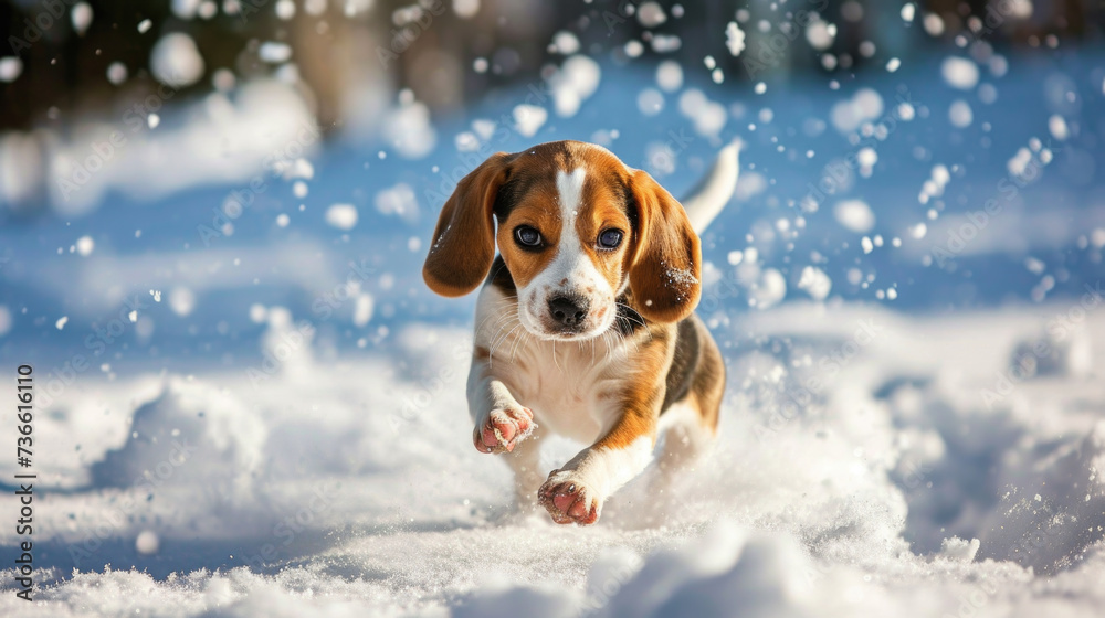 A small dog running through the snow. Perfect for winter-themed designs and pet-related projects A small dog running through the snow. Perfect for winter-themed designs and pet-related projects