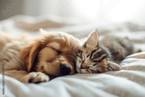 Cat and Dog Sleeping Together on Bed
