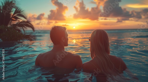 Couple Admiring Sunset from Infinity Pool in Tropical Paradise