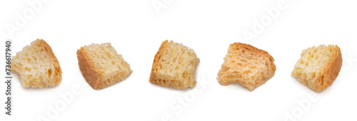 Set of croutons of wheat bread isolated on transparent background with shadows. High resolution detail macro shot with focus stacking composed of several images