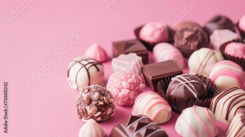 Assorted chocolate candies on pastel gradient background with close up view, beautiful sweets