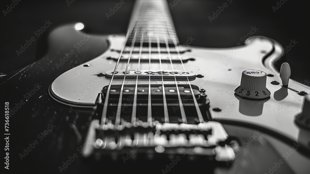 Close up of a czaran electric guitar on black background, music instrument detail shot Close up of a czaran electric guitar on black background, music instrument detail shot