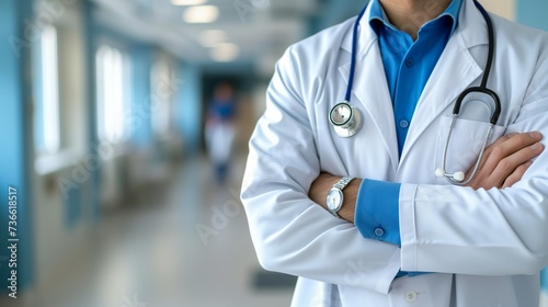 Professional Doctor with Stethoscope in Hospital Corridor