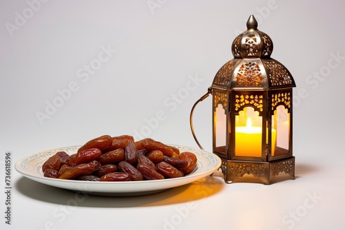 a plate of dates and a traditional Islamic lantern, white background , copy space - generative ai