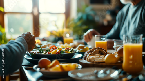 Healthy breakfast on a table, representing nutrition, morning routine, family, and well-being.