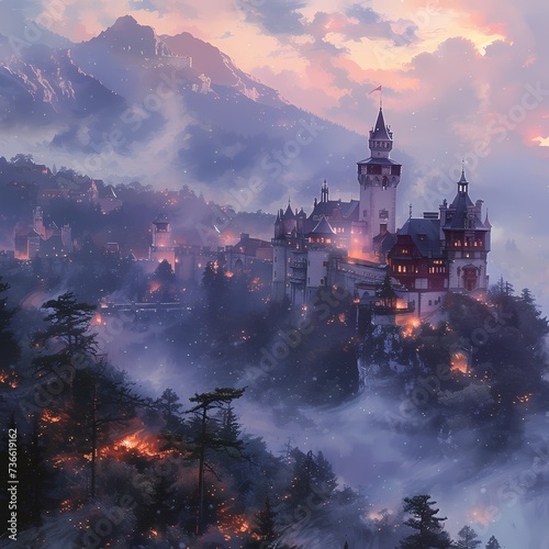 Enchanted Fairytale Castle Amidst Misty Mountains at Twilight