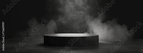 Podium black dark smoke background product platform abstract stage texture fog spotlight. Dark black floor podium dramatic empty night room table concrete wall scene place display studio smoky dust