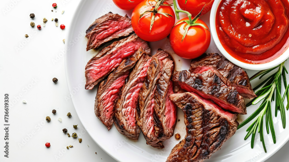 Steak and Tomato on White Plate Steak and Tomato on White Plate