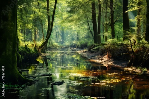 Secluded Pond calm forest water. Plant spring. Generate Ai © juliars