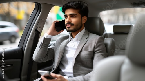 Businessman texting in luxury car, communicating with client while seated in business vehicle © Ilja