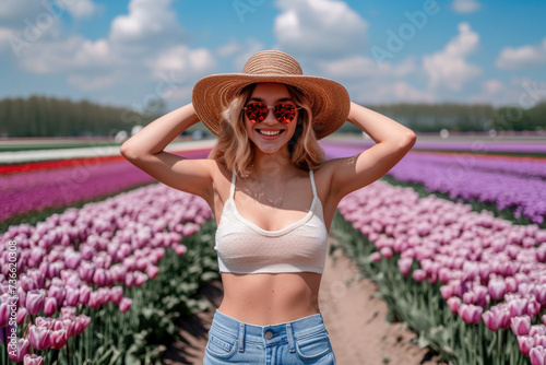 Woman in Hat and Sunglasses in Tulip Field © vefimov