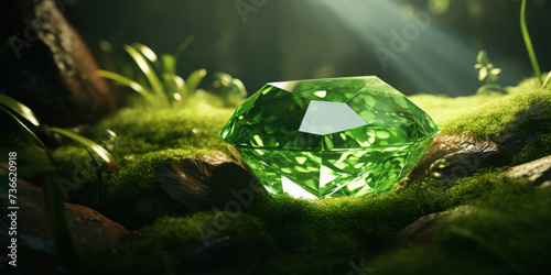 emerald gem on moss background with nature on the background, generative AI