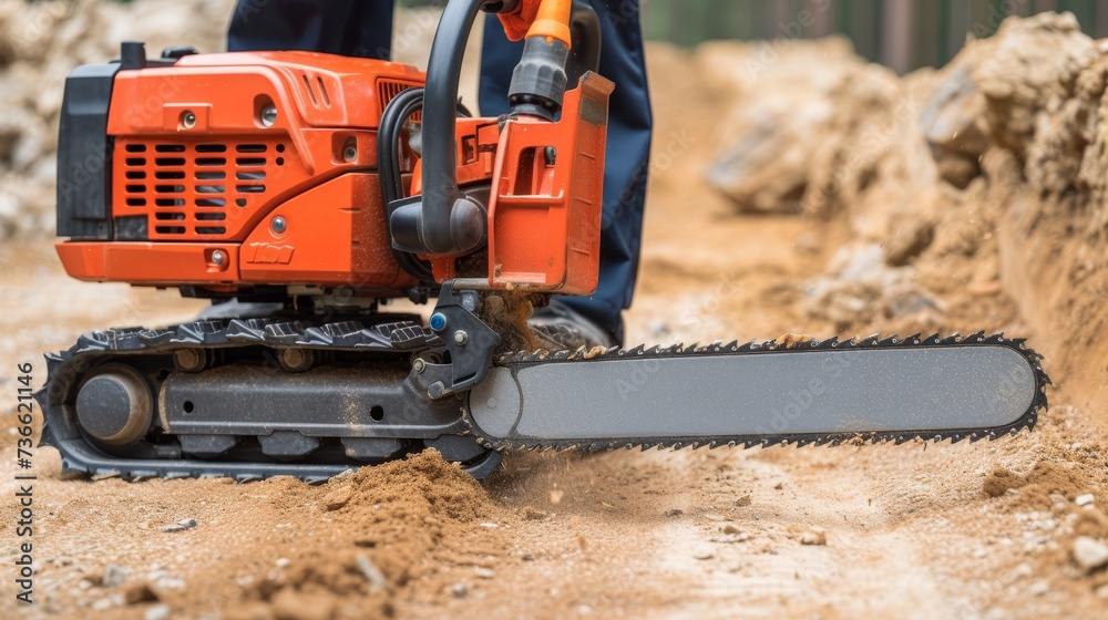 Construction worker using portable gasoline chainsaw for cutting trees in close up view Construction worker using portable gasoline chainsaw for cutting trees in close up view