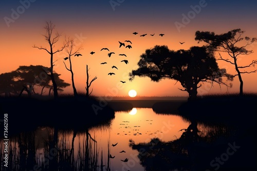PC0001620 spectacular wetland at dawn wallpaper, silhouette high resolution, clean detailed