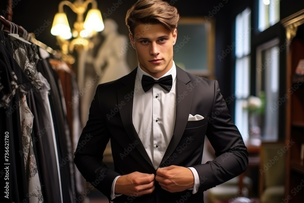 Young man tries an elegant black wedding suit of the groom in the men’s costume salon.