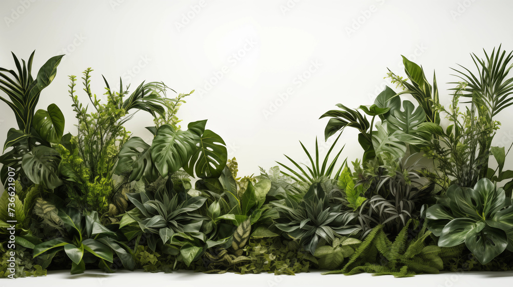 Lush bushes of green Tropical Plants and Foliage on white background. Lush bushes of green Tropical Plants and Foliage on white background.