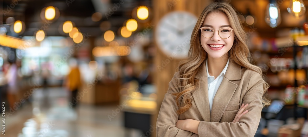 Female pharmacist in modern pharmacy with glasses, blurred background, copy space for text placement
