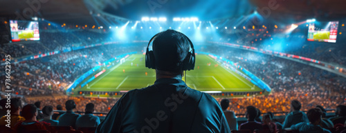 A man wearing headphones stands in front of a massive crowd during the final football match of 75B.