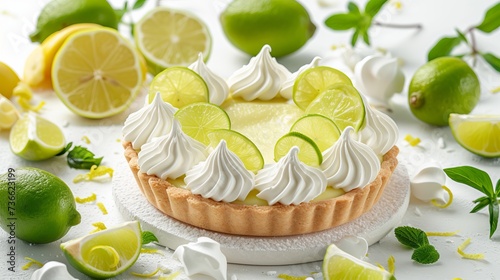 Delectable key lime pie and zesty lemon meringue tart presented on a spotless white surface
