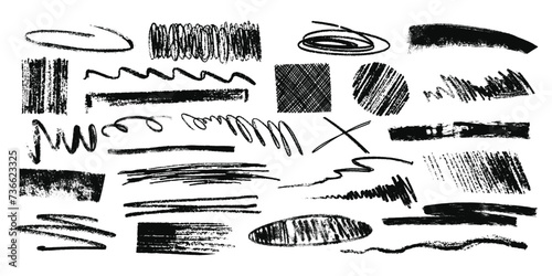 Set charcoal pencil curly lines and squiggles. Hand drawn marker scribbles. Black pencil sketches. daubs isolated on white background. photo