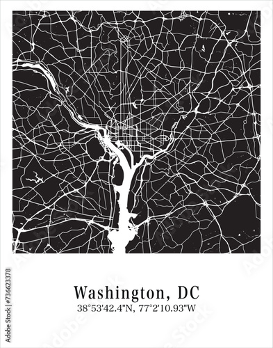 Washington, DC city map. Travel poster vector illustration with coordinates. Washington, DC, District of Columbia, The United States of America Map in dark mode.