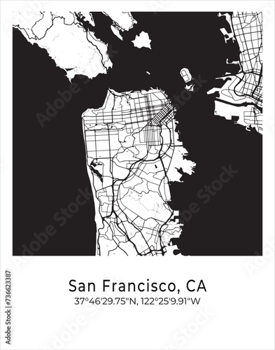 San Francisco city map. Travel poster vector illustration with coordinates. San Francisco, California, The United States of America Map in light mode.