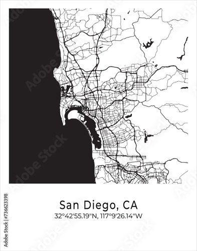 San Diego city map. Travel poster vector illustration with coordinates. San Diego, California, The United States of America Map in light mode.