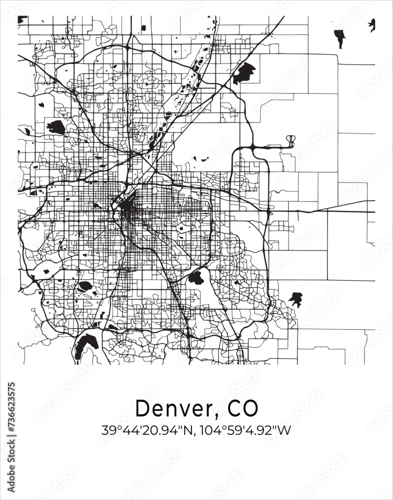 Denver city map. Travel poster vector illustration with coordinates