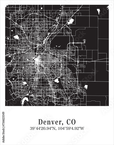 Denver city map. Travel poster vector illustration with coordinates. Denver, Colorado, The United States of America Map in dark mode.