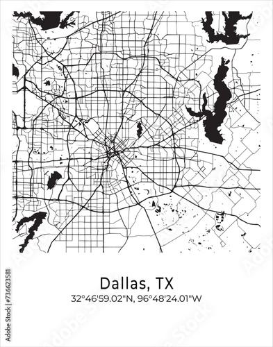 Dallas city map. Travel poster vector illustration with coordinates. Dallas, Texas, The United States of America Map in light mode.
