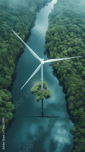 A birds eye view of a wind turbine standing tall amidst a dense forest.