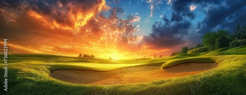 A stunning sunset illuminates a green golf course, creating a captivating scene.