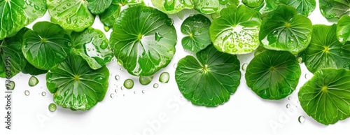 A collection of Centella asiatica leaves with raindrops, isolated on a plain white background. photo