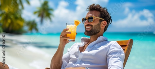 Man enjoying pina colada cocktail on a paradise beach on a warm sunny summer day with copy space