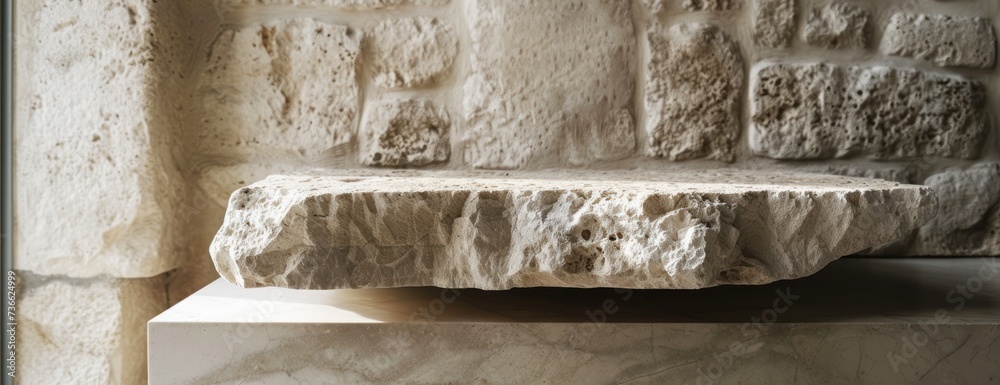 A closeup of a limestone bench positioned in front of a limestone wall.