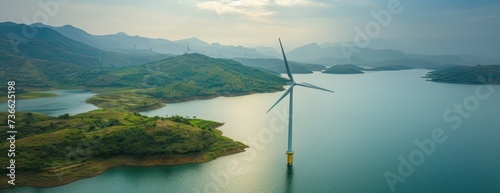 A wind turbine, part of a wind farm, stands in the middle of a lake. photo