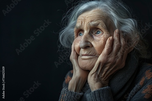 very old and sad woman looking with her hand resting on her face