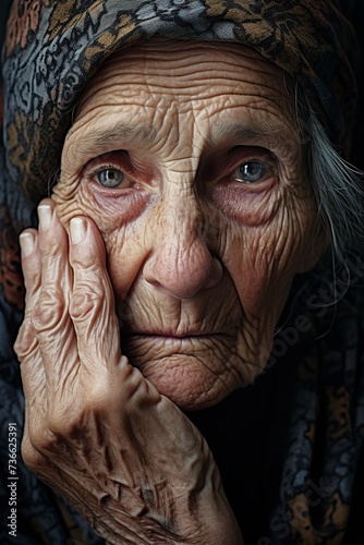 very old and sad woman looking with her hand resting on her face © Jorge Ferreiro