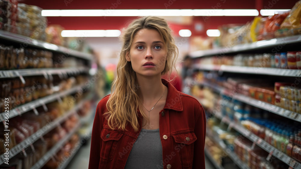 Pensive Woman Shopping in a Supermarket Aisle Surrounded by Snacks.