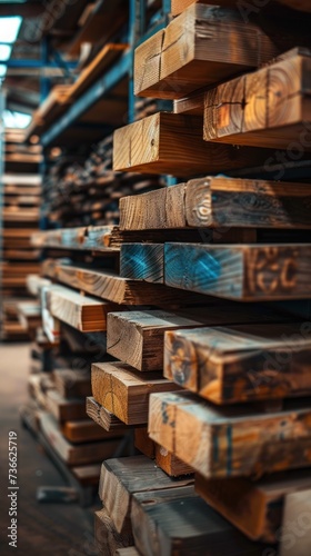 A pile of wooden planks neatly stacked in rows inside a warehouse.