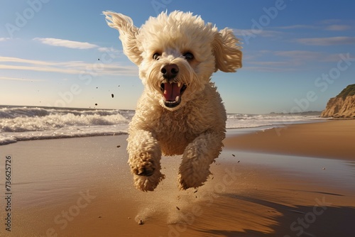 Energetic Poodle run beach. Sand nature. Generate Ai © juliars