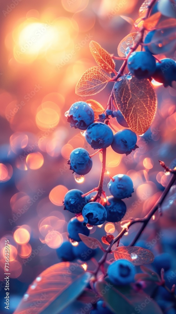 A branch covered in a plentiful bunch of natural blueberries is captured, with a blurred background. A branch covered in a plentiful bunch of natural blueberries is captured, with a blurred background.