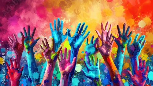 Colorful up hands. Charity teamwork concept illustration. Festival of Colors celebration greetings,Happy Holi celebration concept