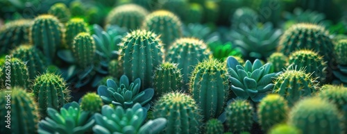 A close-up view of a vibrant field filled with multiple green cactus plants. photo