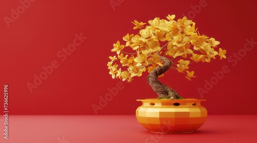 Auspicious chinese decorative plant with gold coated over on red background photo