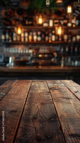 An elegant wooden tabletop placed in the foreground with a bar in the background.