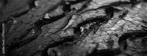 A black and white photo showcasing a detailed closeup of the tire tread on a black background. photo